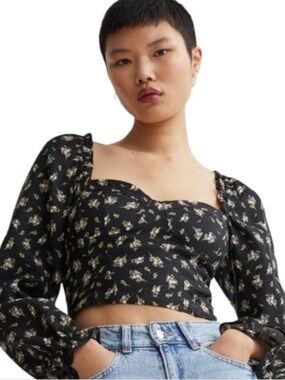 H&M Black Floral Sweetheart Crop Top with Long Puff Sleeves